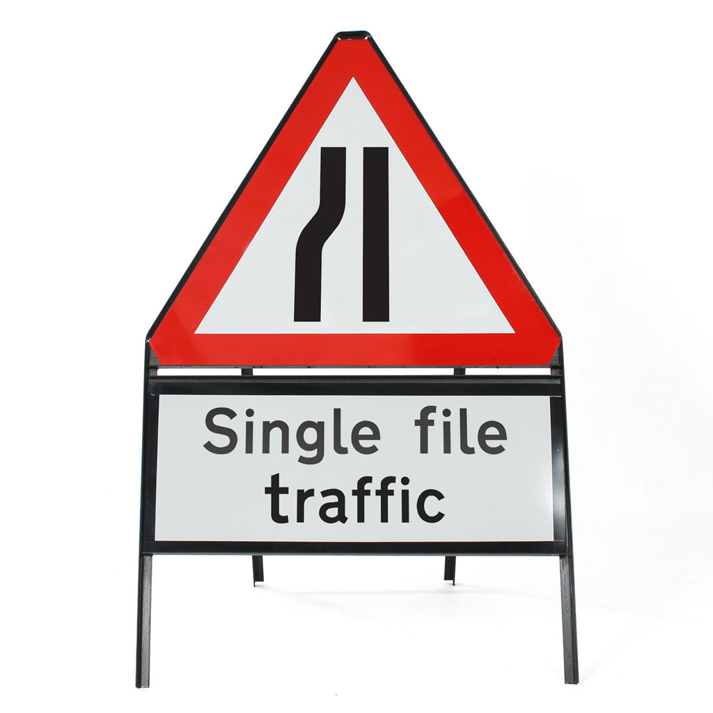 Road Narrows Left Sign - Inc. 'Single file traffic' Sup Zintec Metal Sign Dia 517 Face | 750mm