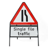 Road Narrows Right Sign - Inc. 'Single file traffic' Sup Zintec Metal Sign Dia 517 Face | 750mm