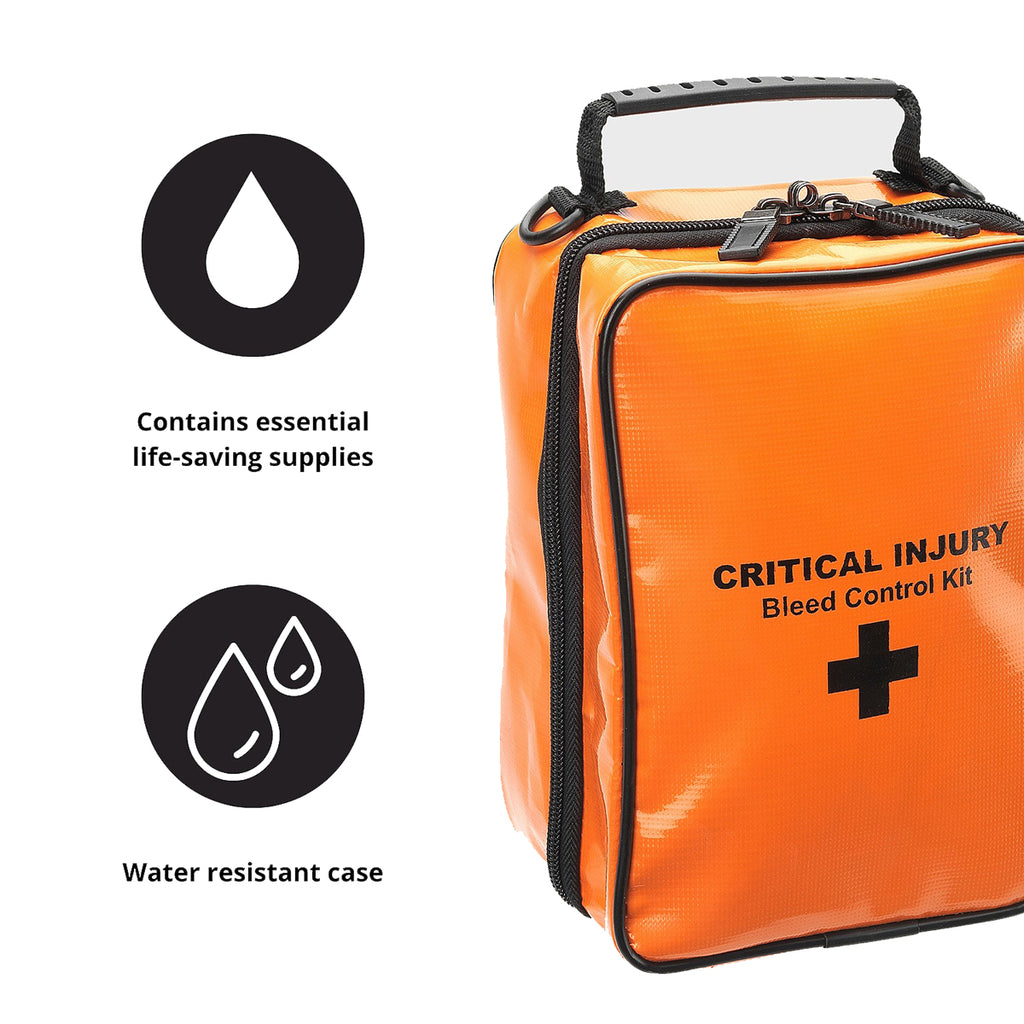 An orange Critical Injury Bleed Control Kit case with black trim and a black top handle, shown on a white background with two black feature icons and text noting essential life-saving supplies and water resistance.
