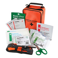 A first aid kit set displayed on a white background, including an orange bag labeled 'CRITICAL INJURY Blood Control Kit,' multiple HypaGuard and HypaStop medical supplies, a black-and-orange tourniquet, green-handled scissors, and other packaged wound care items.