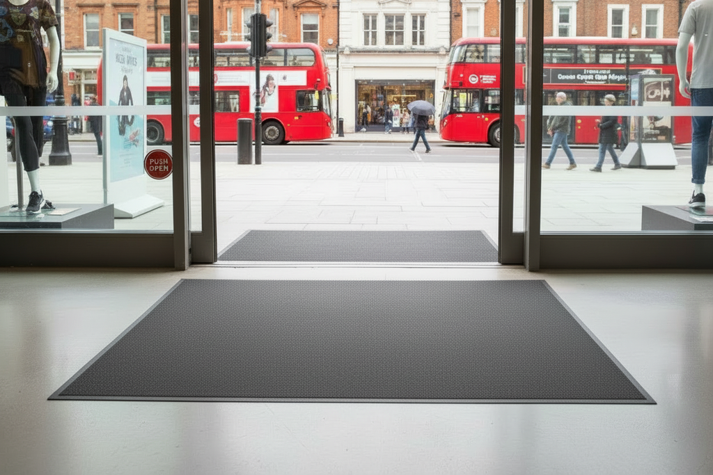 floor matting at the entrance to a shop on a UK street