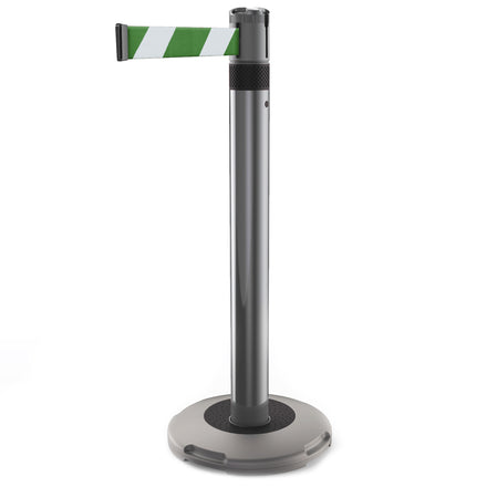 Skipper Q Retractable Queue Barrier | 3.0m x 50mm Belt (Green/White Chevron / Black)