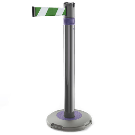 Skipper Q Retractable Queue Barrier | 3.0m x 50mm Belt (Green/White Chevron / Purple)