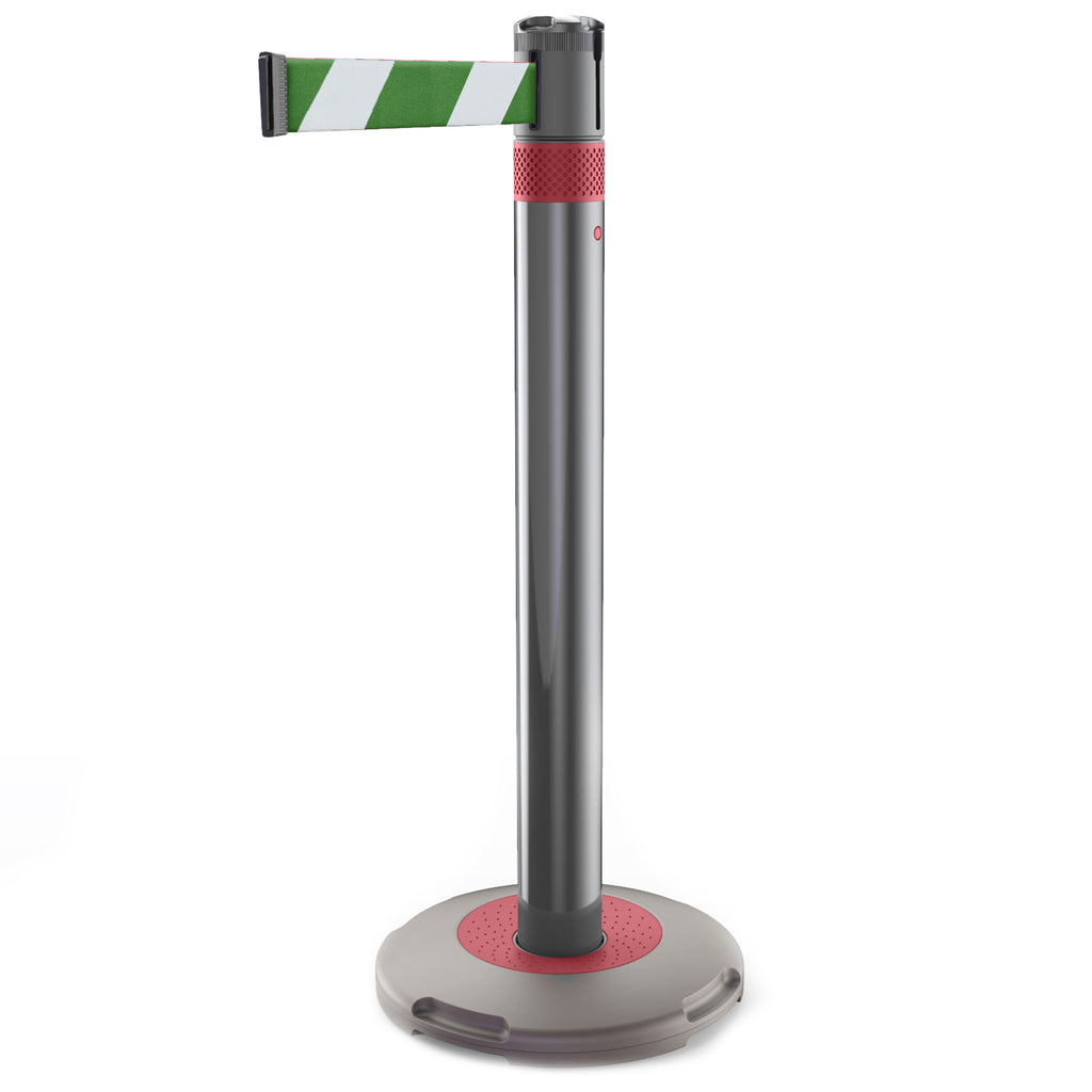 Skipper Q Retractable Queue Barrier | 3.0m x 50mm Belt (Green/White Chevron / Red)