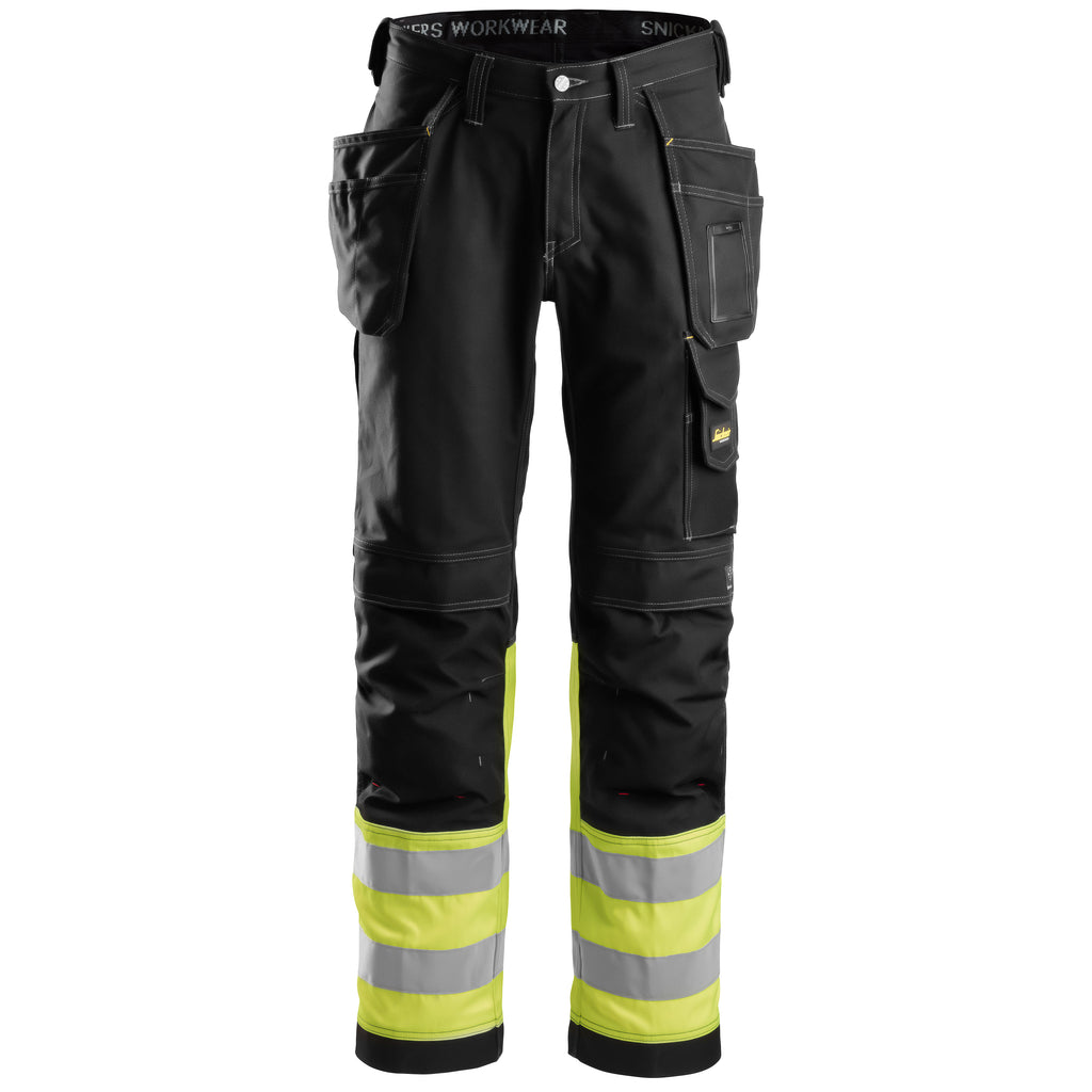 Snickers 3235 Hi-Vis Class 1, Cotton Trousers Holster Pockets - Black/Hi-Vis Yellow