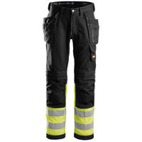 Snickers 3235 Hi-Vis Class 1, Cotton Trousers Holster Pockets - Black/Hi-Vis Yellow