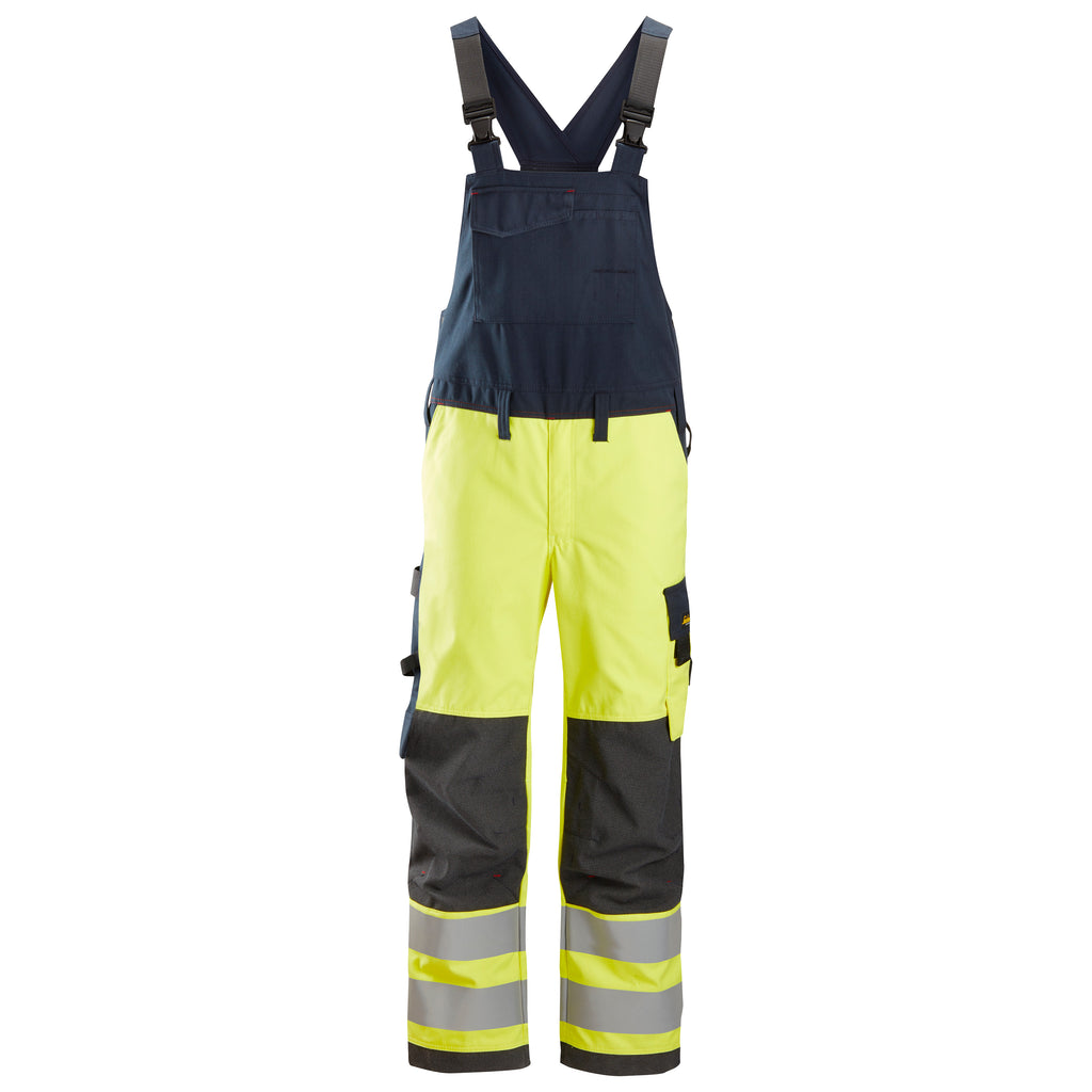 Snickers 6060 Protecwork Bib Brace Trousers Highvis Class 2 Hi Vis Yellow Navy Main