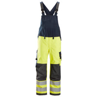 Snickers 6060 Protecwork Bib Brace Trousers Highvis Class 2 Hi Vis Yellow Navy Main