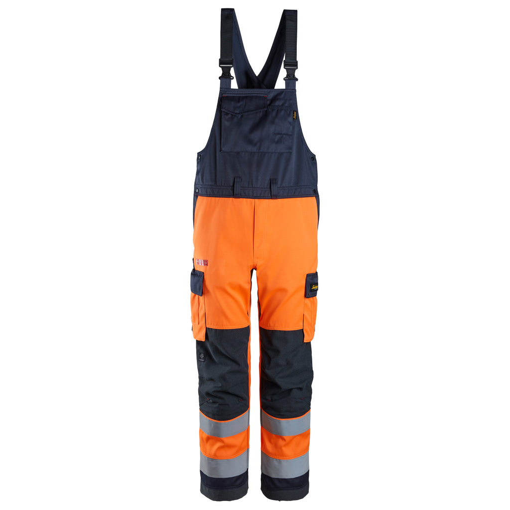 Snickers 6064 Protecwork Bib Brace Trousers Highvis Class 2 Hi Vis Orange Navy Main