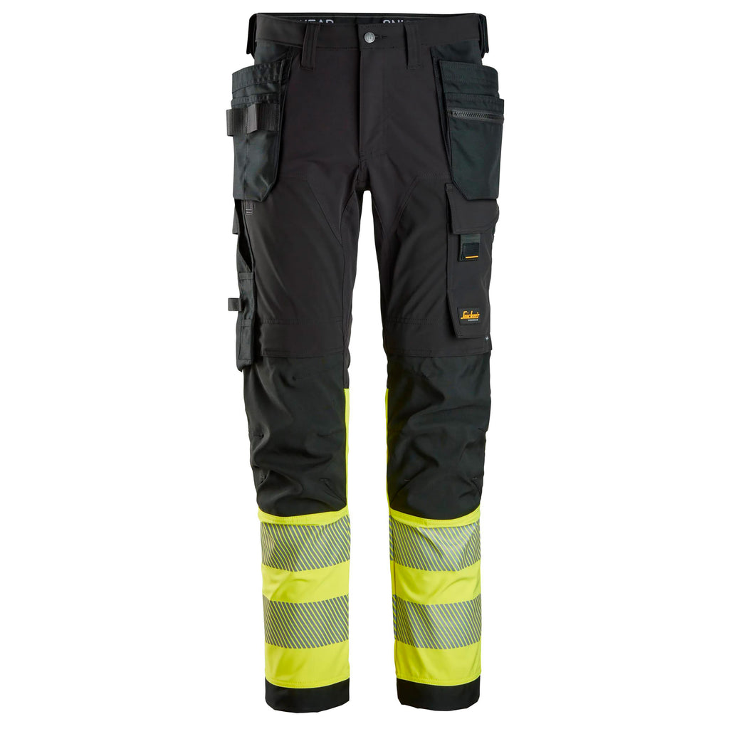 Snickers 6231 Highvis Class 1 4Way Stretch Trousers Holster Pockets Black Hi Vis Yellow Main