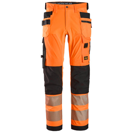 Snickers 6232 Highvis Class 2 4Way Stretch Trousers Holster Pockets Hi Vis Orange Black Main