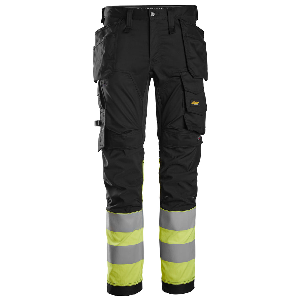 Snickers 6234 Highvis Class 1 Stretch Trousers Holster Pockets Black Hi Vis Yellow Main