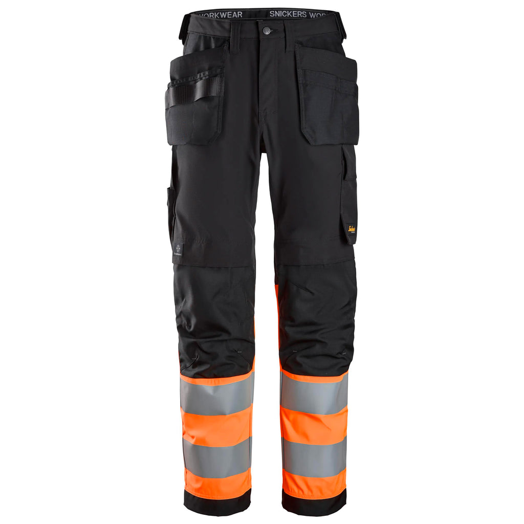 Snickers 6239 Highvis Class 1 Trousers Holster Pockets Black Hi Vis Orange Main