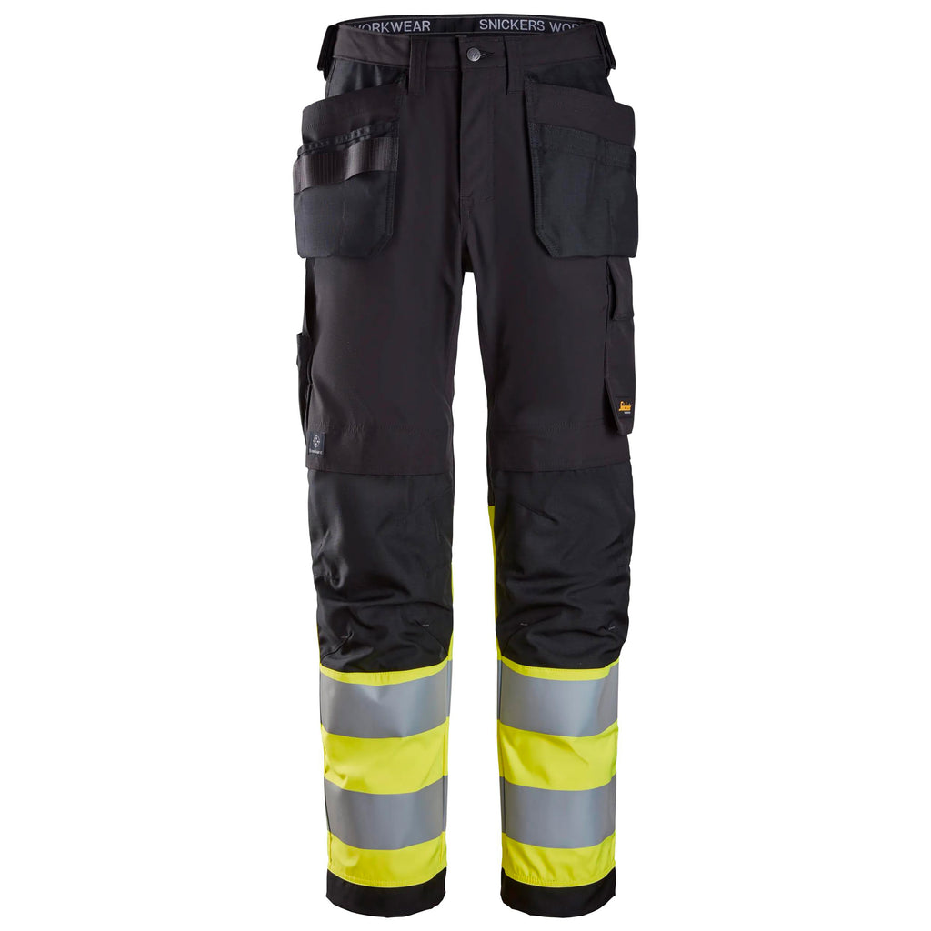Snickers 6239 Highvis Class 1 Trousers Holster Pockets Black Hi Vis Yellow Main