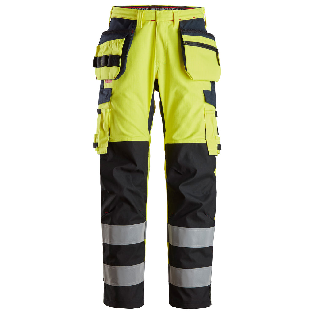 Snickers 6264 Protecwork Trousers Reinforced Holster Pockets Highvis Class 2 Hi Vis Yellow Navy Main