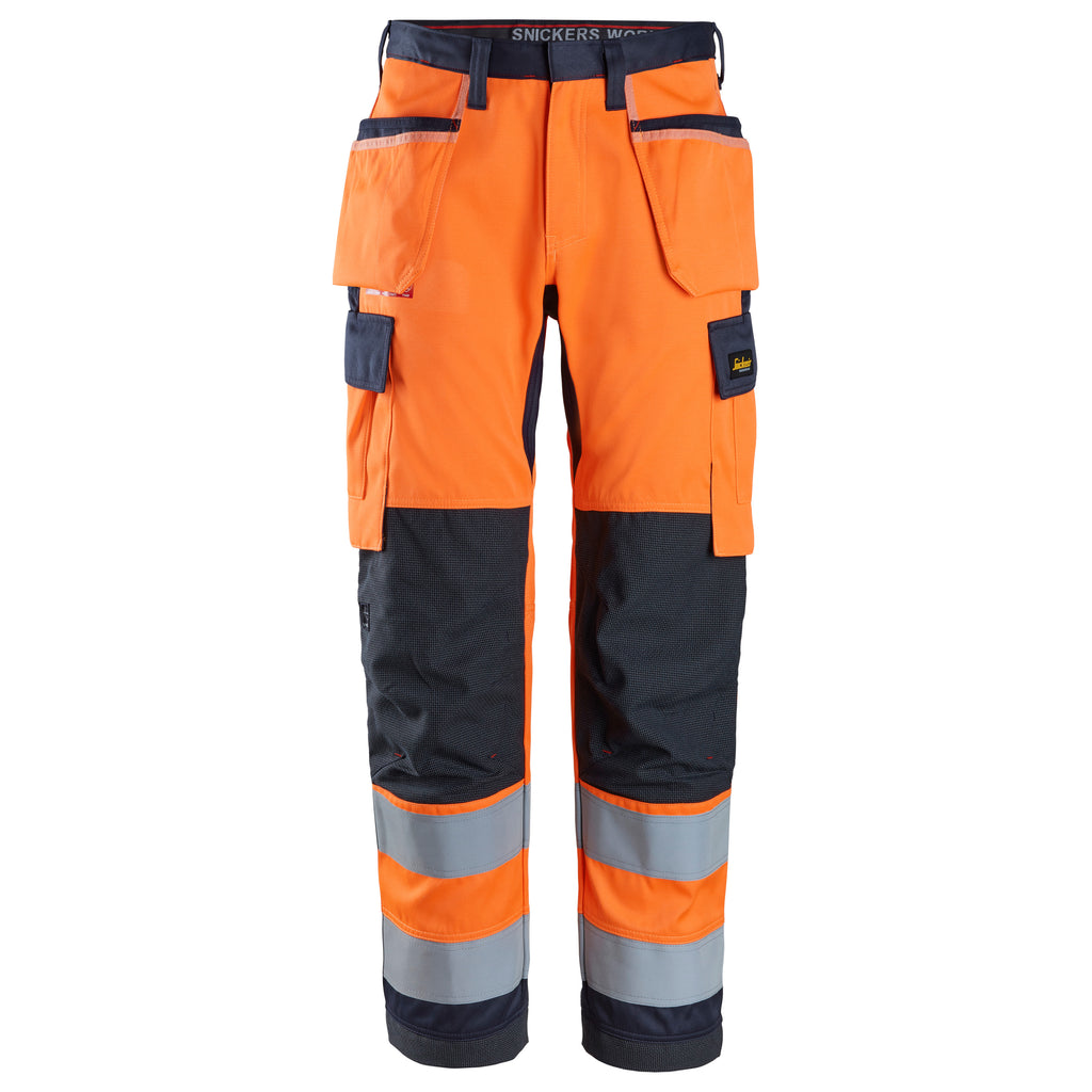 Snickers 6266 Protecwork Work Trousers Holster Pockets Highvis Class 2 Hi Vis Orange Navy Main