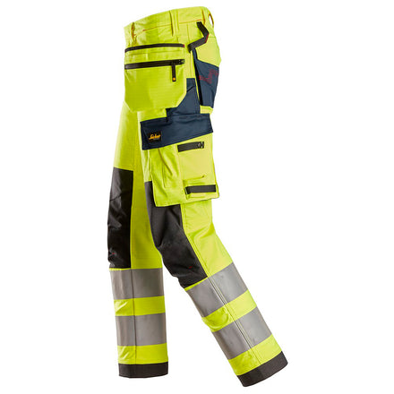 Snickers 6268 Protecwork Stretch Work Trousers Holster Pockets Highvis Class 2 Hi Vis Yellow Navy Left