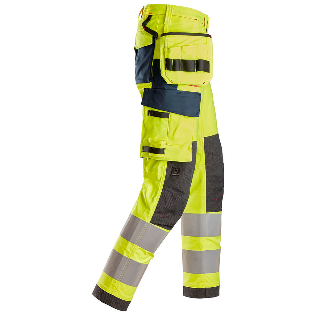 Snickers 6268 Protecwork Stretch Work Trousers Holster Pockets Highvis Class 2 Hi Vis Yellow Navy Right