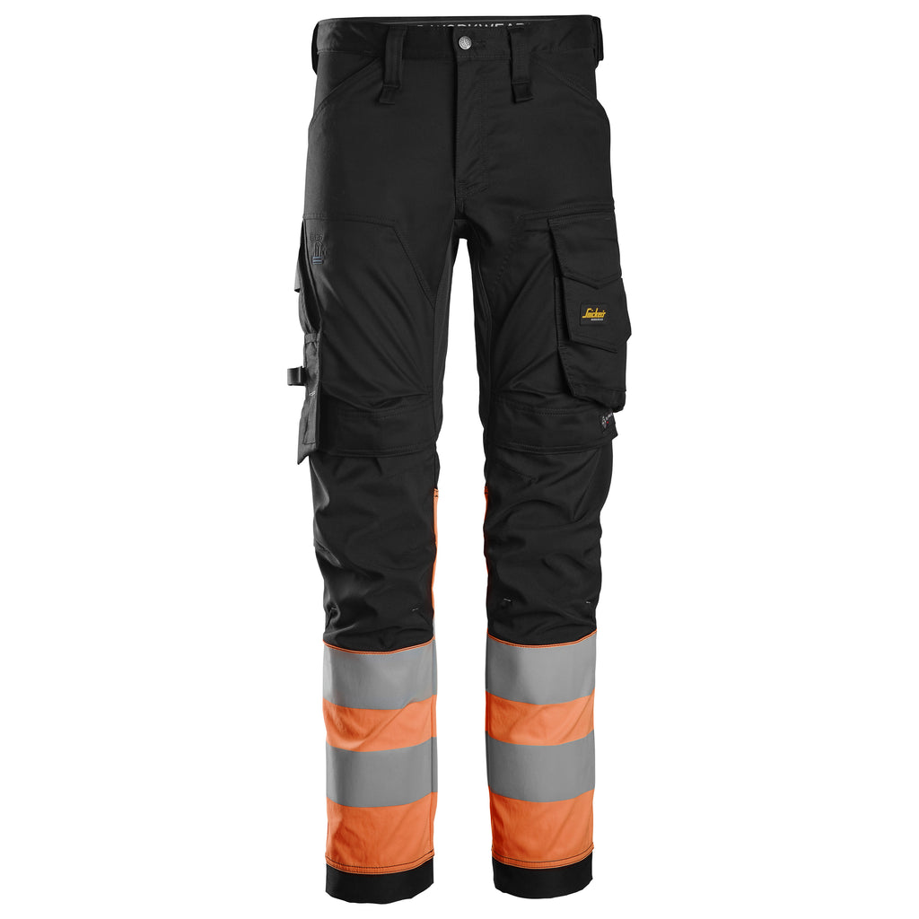Snickers 6334 Highvis Class 1 Stretch Trousers Black Hi Vis Orange Main