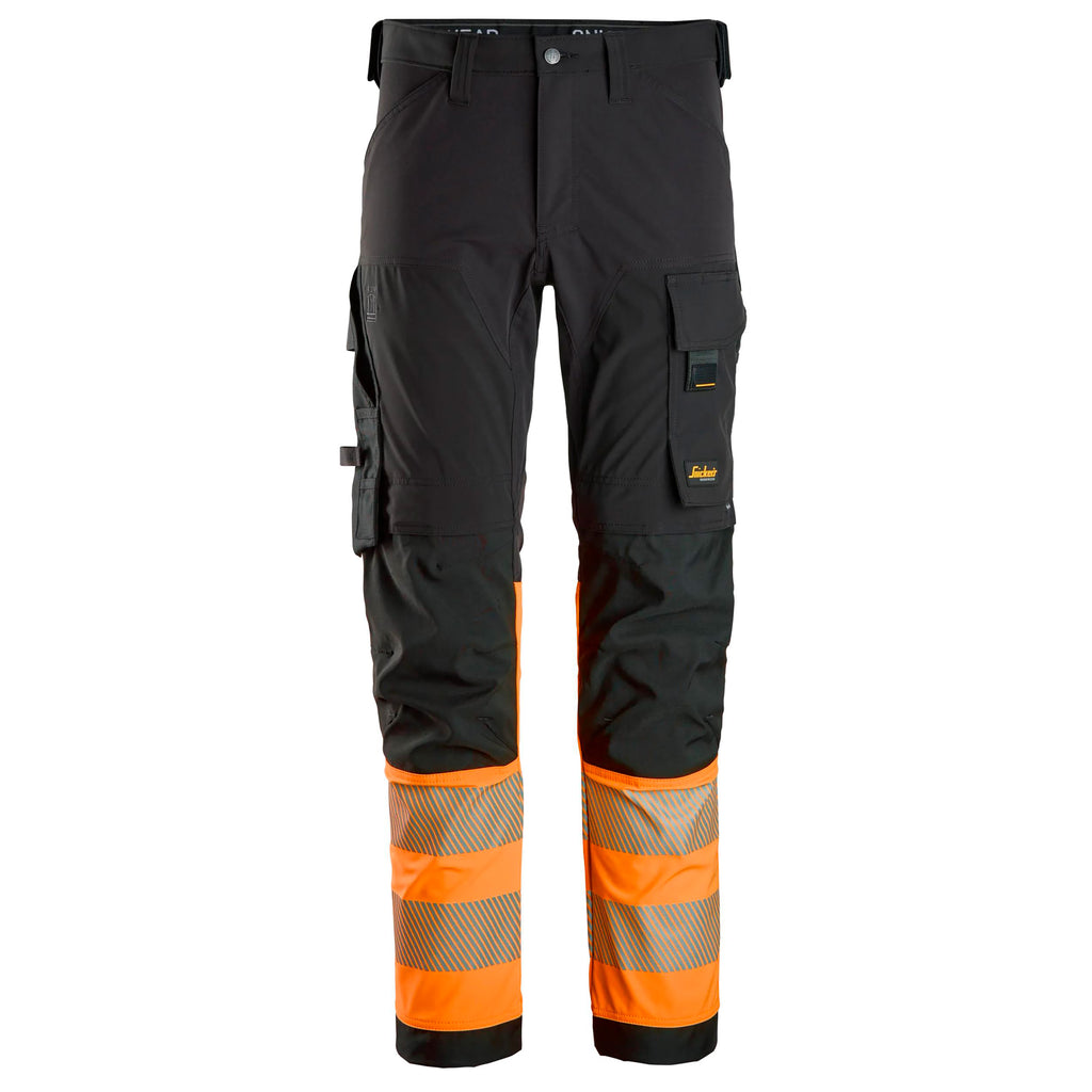 Snickers 6335 Highvis Class 1 4Way Stretch Trousers Black Hi Vis Orange Main