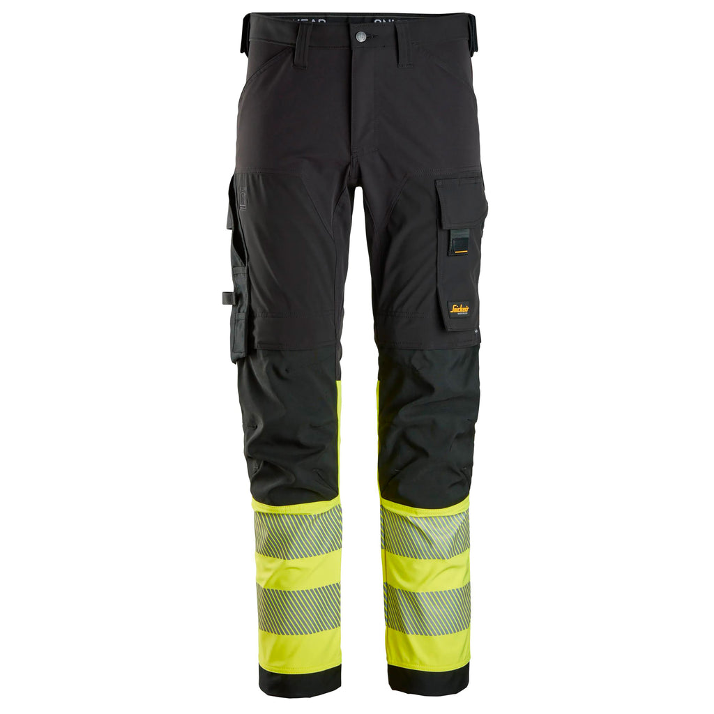 Snickers 6335 Highvis Class 1 4Way Stretch Trousers Black Hi Vis Yellow Main