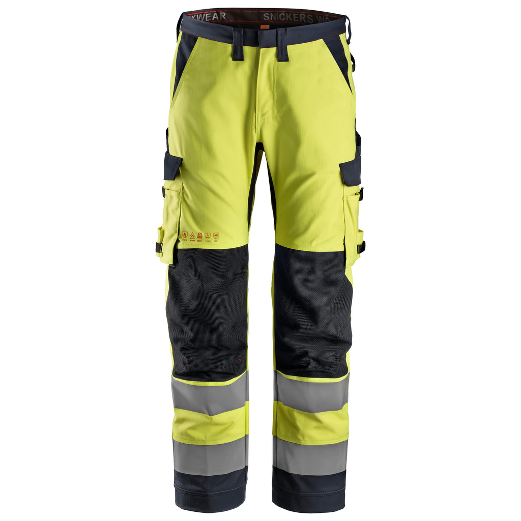 Snickers 6361 Protecwork Work Trousers Equal Leg Pockets Highvis Class 2 Hi Vis Yellow Navy Main