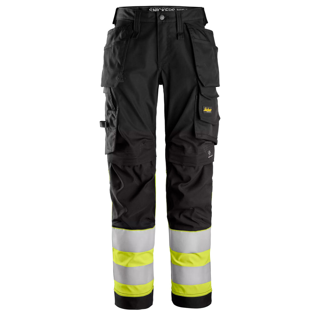 Snickers 6734 Highvis Class 1 Womens Stretch Trouser Holster Pockets Black Hi Vis Yellow Main