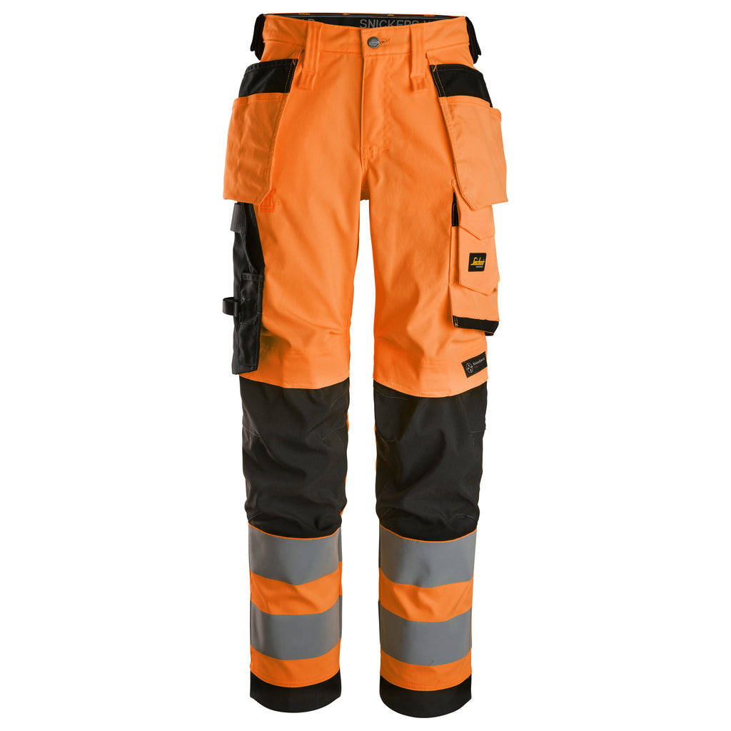 Snickers 6743 Highvis Class 2 Womens Stretch Trousers Holster Pockets Hi Vis Orange Black Main