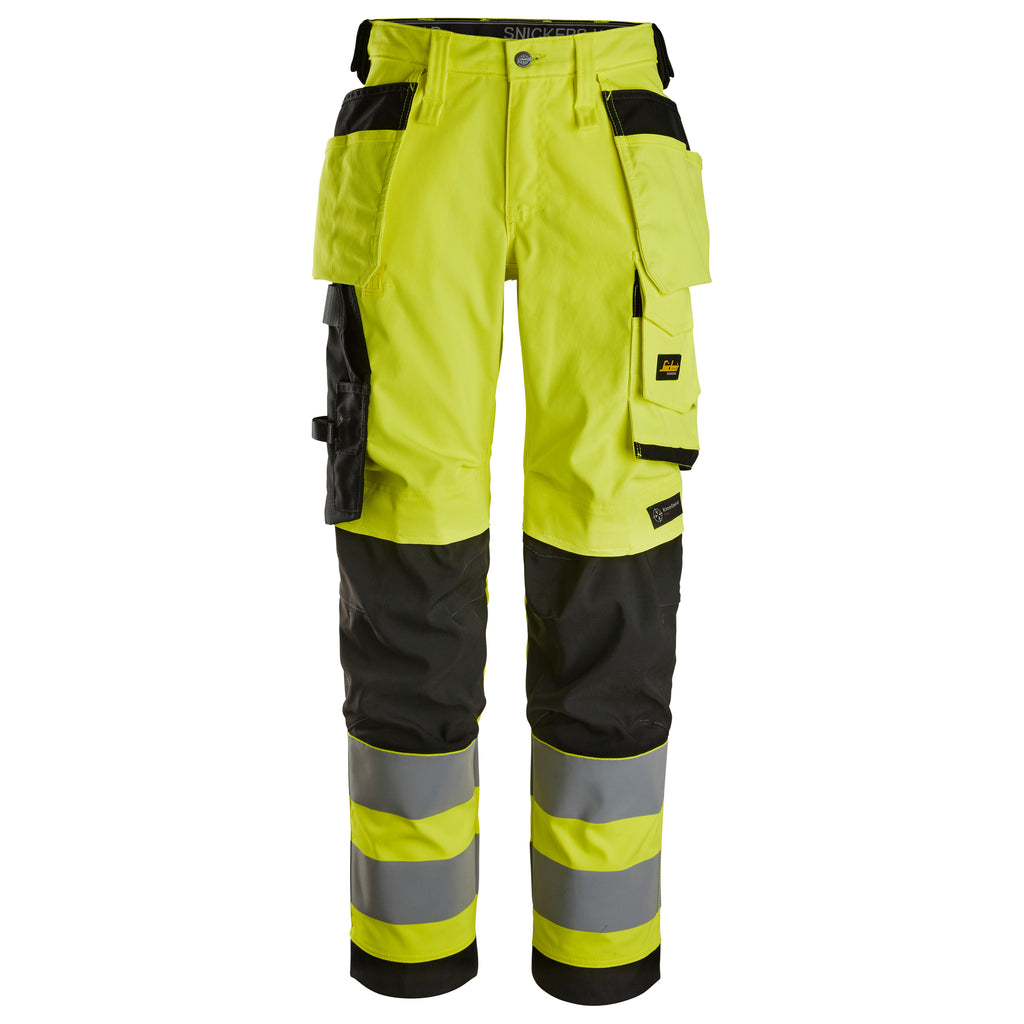 Snickers 6743 Highvis Class 2 Womens Stretch Trousers Holster Pockets Hi Vis Yellow Black Main