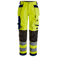 Snickers 6743 Highvis Class 2 Womens Stretch Trousers Holster Pockets Hi Vis Yellow Navy Main