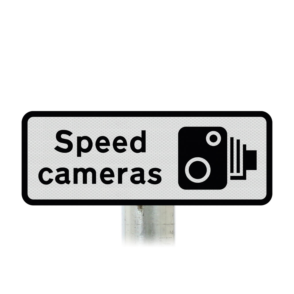 'Speed cameras' Inc Symbol Sign Post Mounted  - Diagram 878 R2/RA2 (Face Only) (798x294mm | 50mm X-Height)