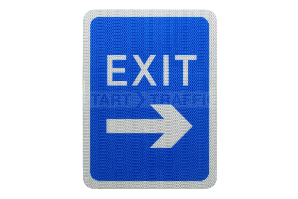 Blue Car Park Exit Sign (With Arrow) Post Mounted R2/RA2