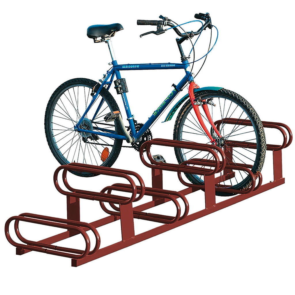 High-Low Bike Rack - Double Direction - Galvanised & Painted (Maroon RAL 3004)