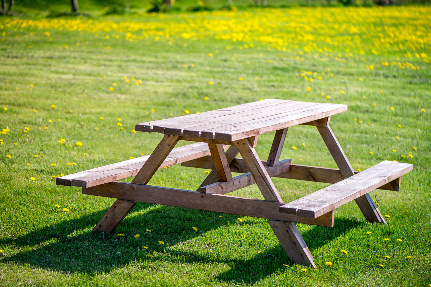 Wooden Picnic Bench and Table Set Installed Free Standing On To Grass