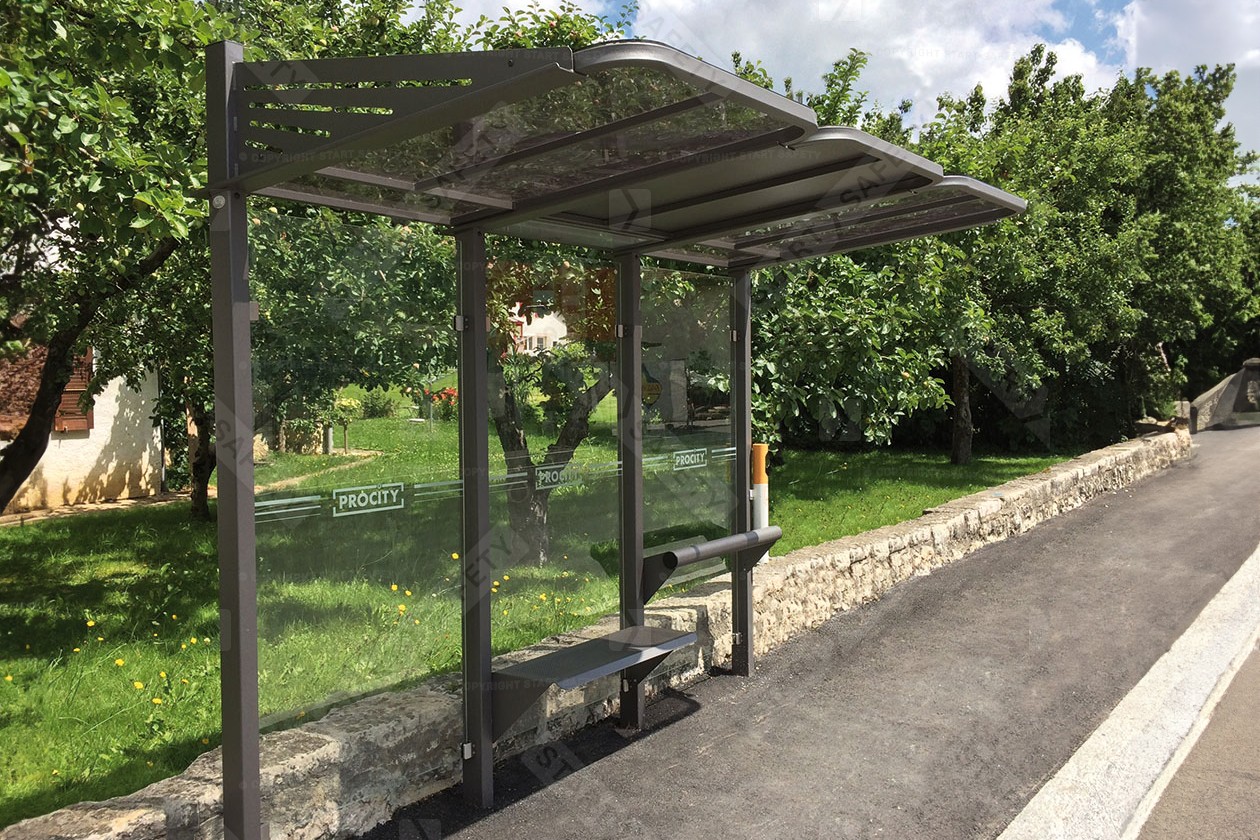 Procity Kube Leaning Perch bench Installed Inside Bus Shelter In Urban City Centre
