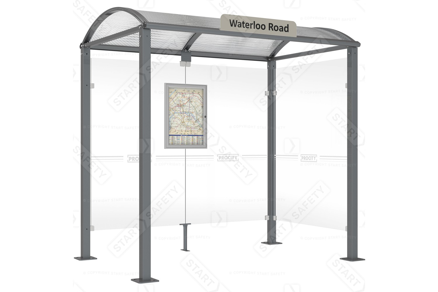 Front Mounted Name Sign Attached to Procity Voute Bus Shelter