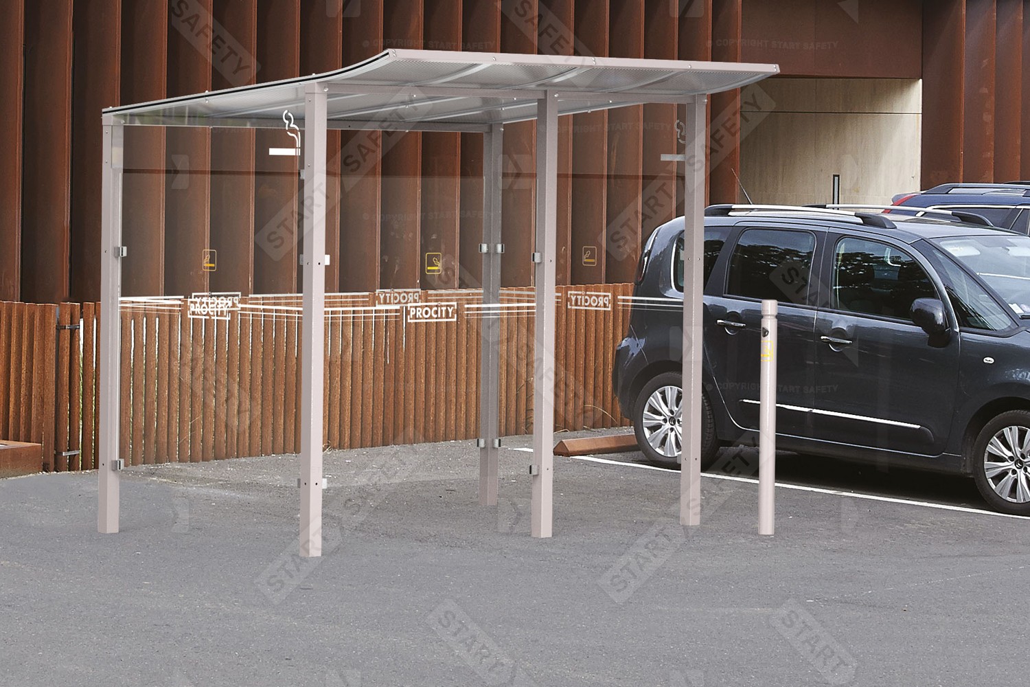 Procity MNodulo Smoking Shelter With Side Wind Protectors Installed