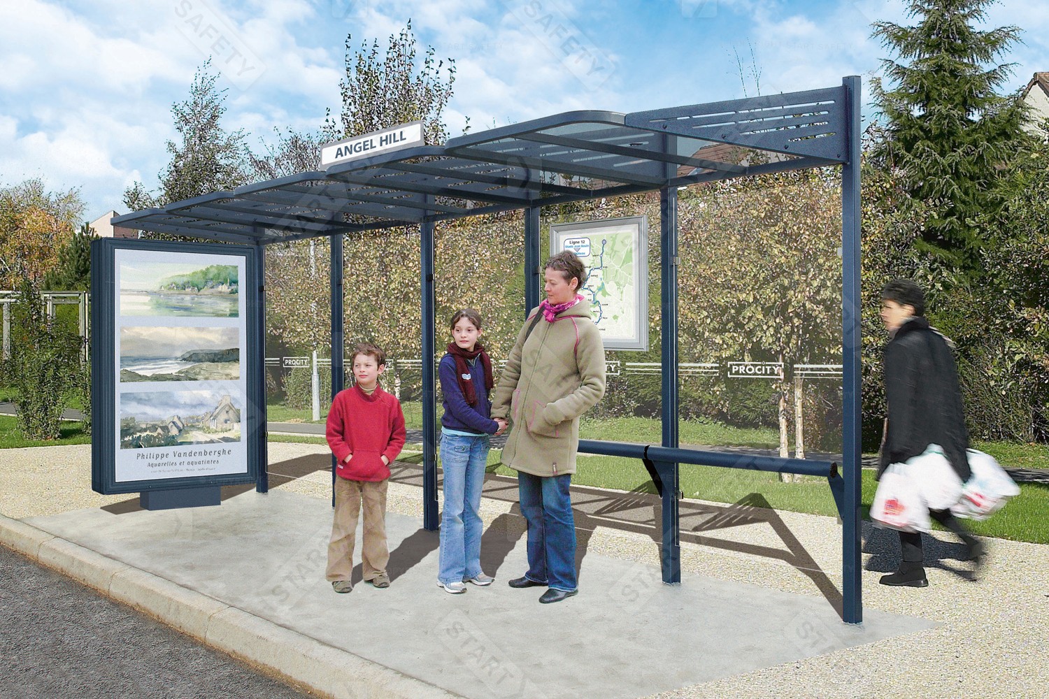 Family Waiting For The Bus In The Procity Conviviale Bus Shelter