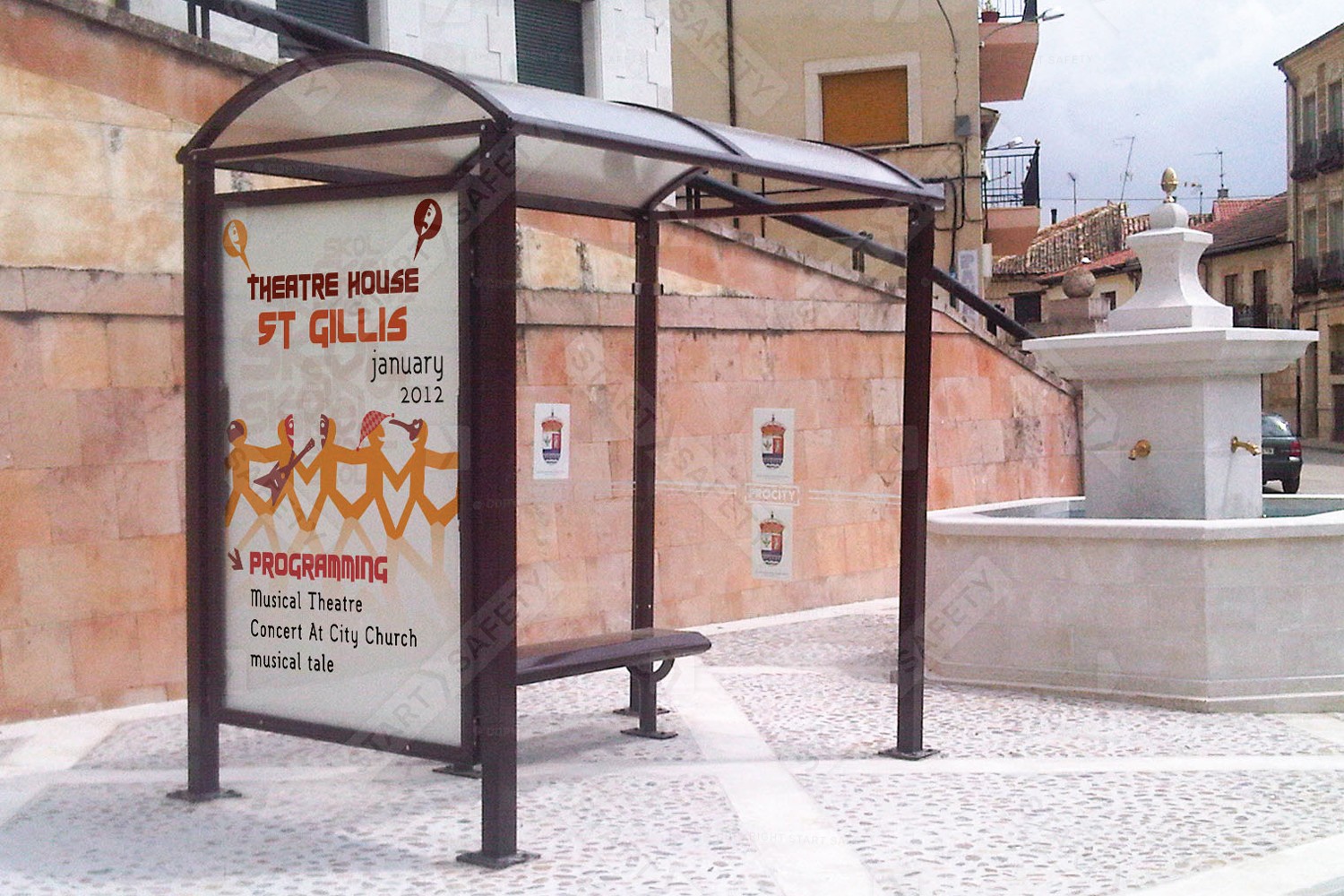 Procity Voute Bus Shelter With Lighted Advert Box and Backless Bench