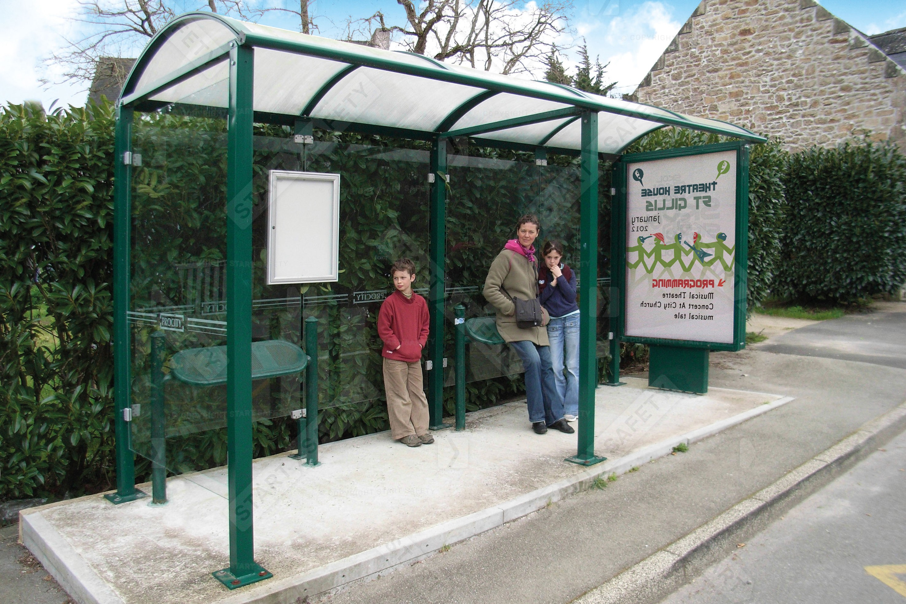 Family Waiting For the Bus at Procity KVoute Bus Shelter With Perch Benches And Advertising Box