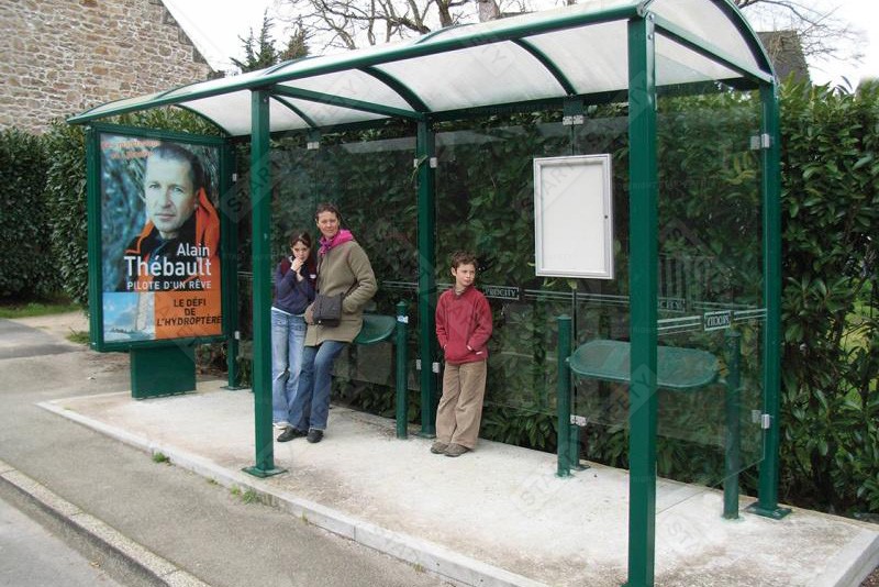 Procity Estoril Steel perch Bench With Agora Top Caps Installed With Estoril Bus Shelter