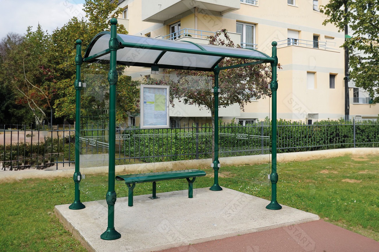 Procity Oslo Green Backless Bench Installed With Oslo Bus Shelter