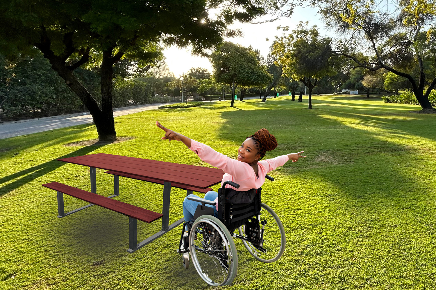 Procity Riga Wheelchair Accessible Picnic Bench And Table Set With Person Seated