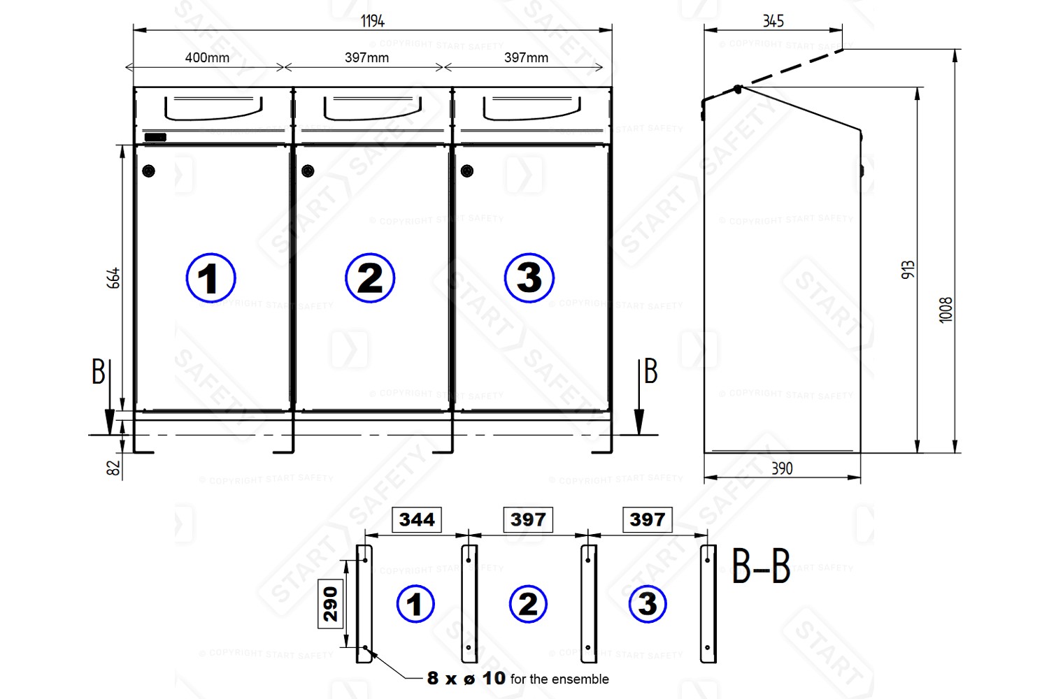 Procity Berlin Selective Sort Recycling Bin Kit Dimensions Diagram Specifications Spec Sheet