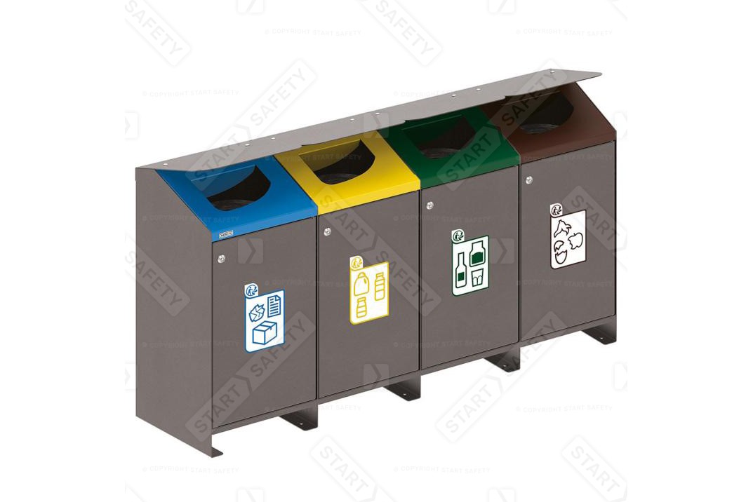 Row of 4 Berlin Selective Sort Recycling Bins With Lids