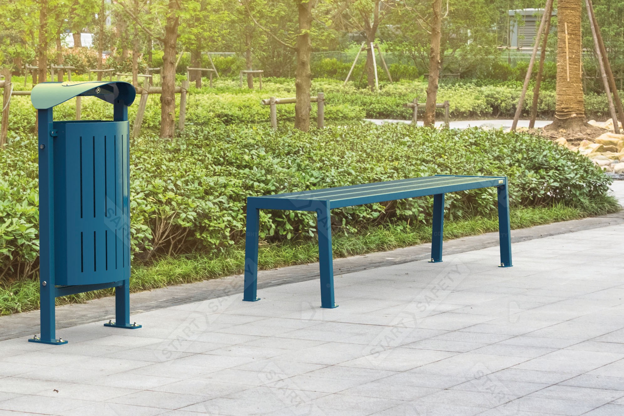 Procity Silaos Litter Bin In Green Full Steel Installed With a Procity Backless Bench In Green