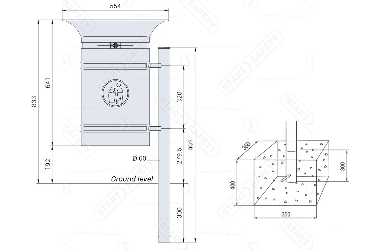 Procity Valencia Litter Bin On Side Mounted Post Dimensions Diagram Specifications Spec Sheet