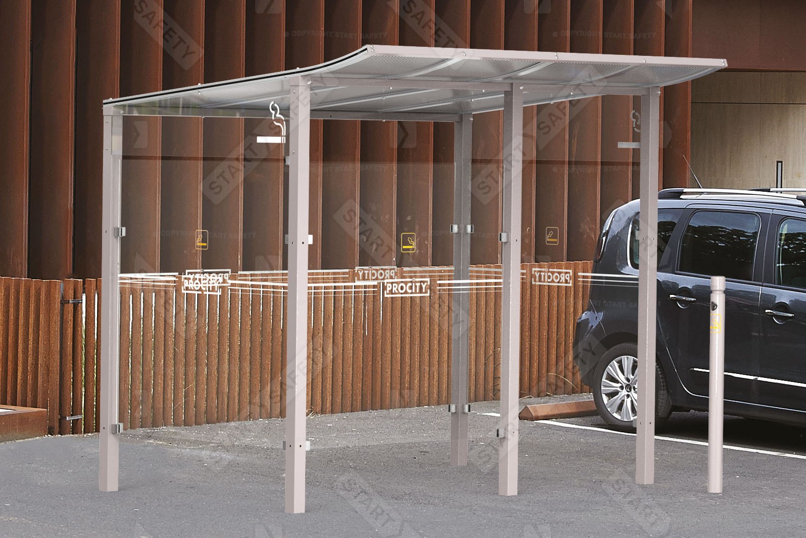 Procity Modulo Smoking and Vaping Shelter Installed With Cigarette Decals on Its Sides