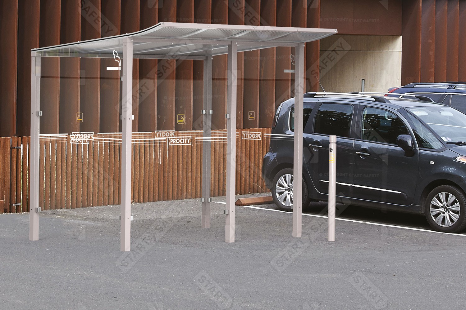 Procity Modulo Smoking and Vaping Shelter Installed In Car Park With Procity Smoking Ashtray Bollard