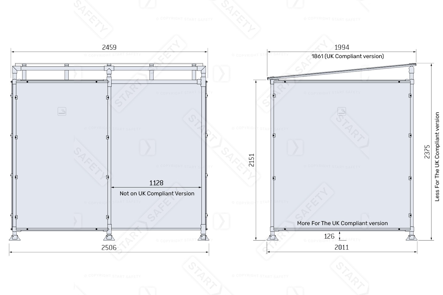 Procity Economy Smoking Shelter Dimensions Diagram Specifications Spec Sheet for Standard and UK Compliant Versions